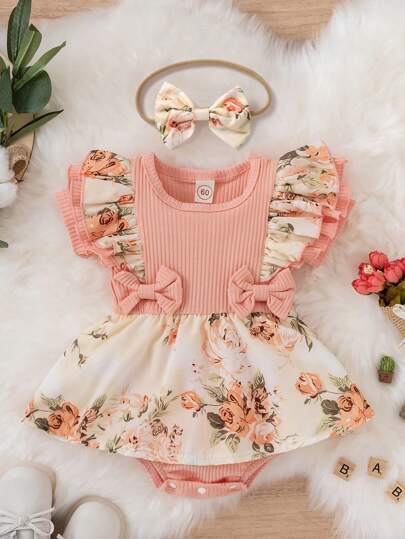 SHEIN Vintaside Kids 嬰兒女孩印花荷葉邊蝴蝶結連體裝裙,附髮圈