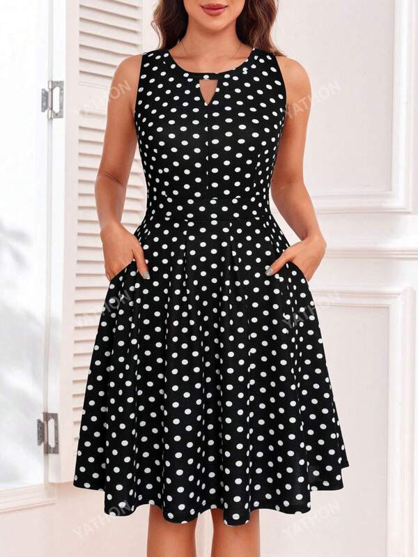 Vestido de lunares de cuello con abertura de ojo con bolsillo oculto