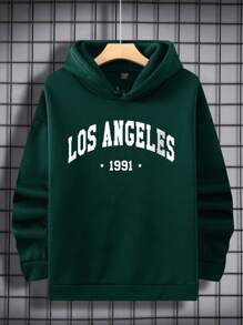 Manfinity Dauomo 男士字母圖案加絨內裏連帽衫 - 墨綠色 - 查看 1