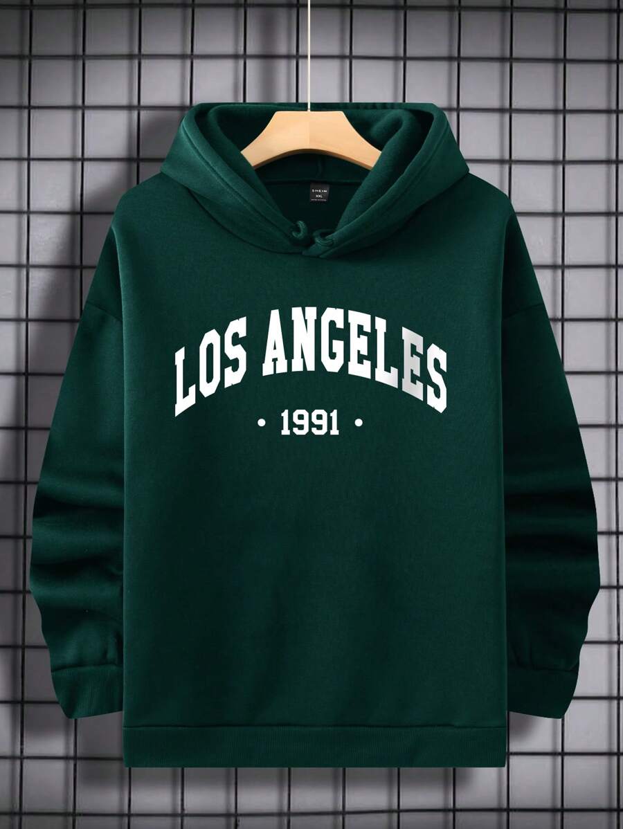 Manfinity Dauomo 男士字母圖案加絨內裏連帽衫 - 墨綠色 - 查看 1