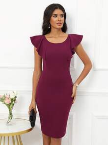 Solid Ruffle Trim Bodycon Dress - Violet Purple - View 1
