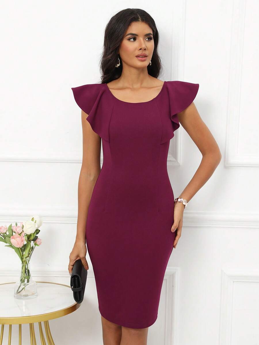 Solid Ruffle Trim Bodycon Dress - Violet Purple - View 1