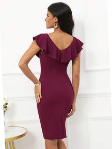 Solid Ruffle Trim Bodycon Dress - Violet Purple - View 2