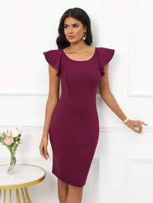 Solid Ruffle Trim Bodycon Dress - Violet Purple - View 3