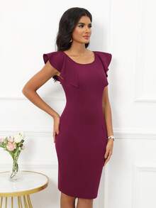 Solid Ruffle Trim Bodycon Dress - Violet Purple - View 4