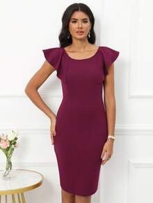 Solid Ruffle Trim Bodycon Dress - Violet Purple - View 5
