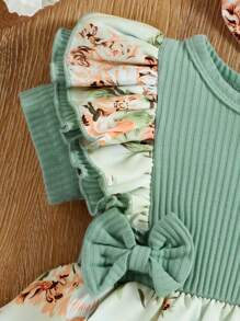 Baby Girl Floral Print Ruffle Trim Bow Front Combo Bodysuit Dress With Hair Tie - Mint Green - View 3