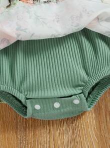 Baby Girl Floral Print Ruffle Trim Bow Front Combo Bodysuit Dress With Hair Tie - Mint Green - View 4