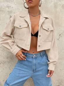 SHEIN ICON 翻蓋口袋落肩袖短款燈芯絨夾克 - 杏色 - 查看 1