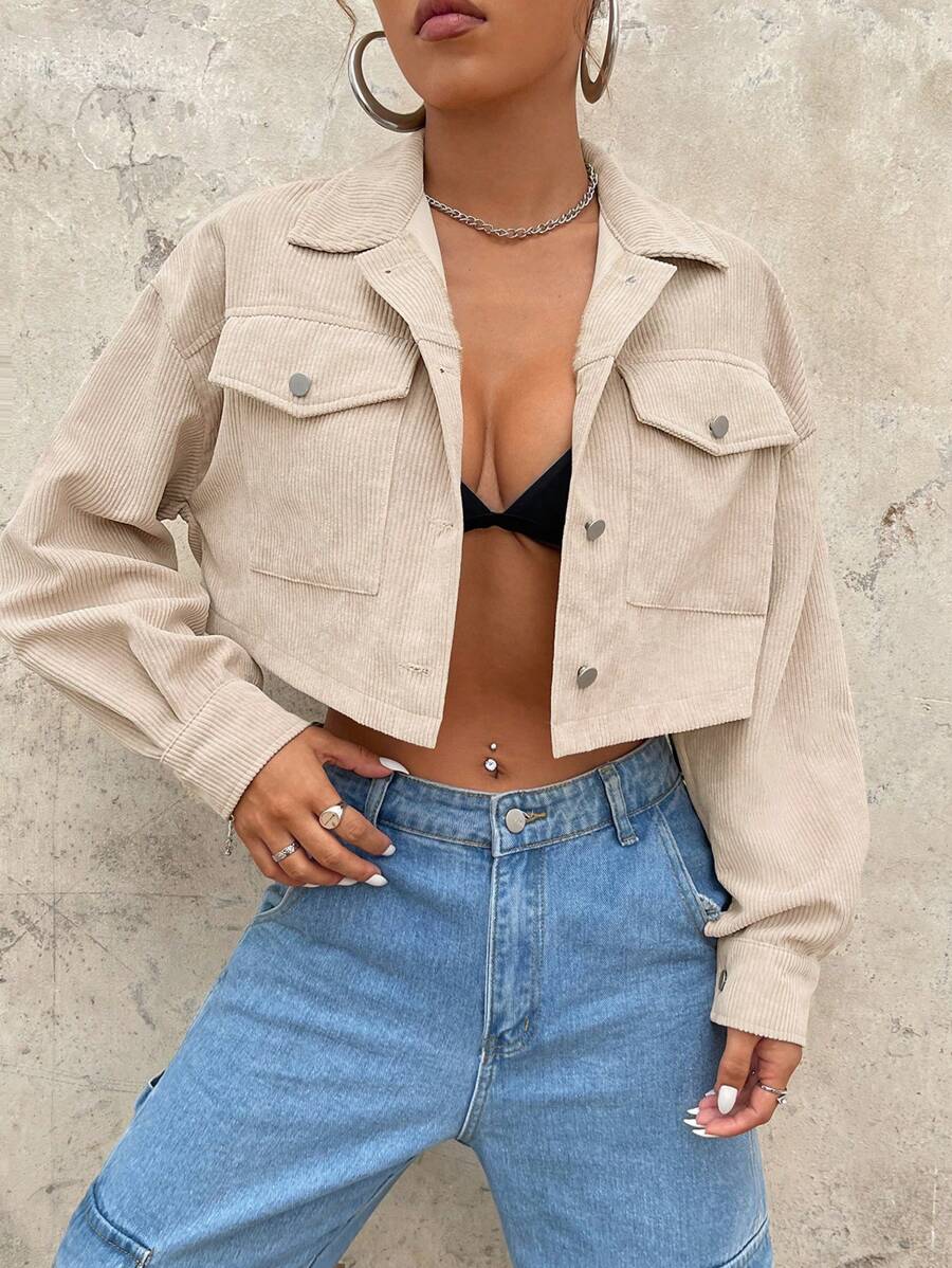 SHEIN ICON 翻蓋口袋落肩袖短款燈芯絨夾克 - 杏色 - 查看 1