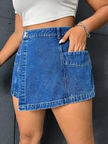 SHEIN EZwear Plus High Waist Asymmetrical Hem Denim Skort - Medium Wash - View 3