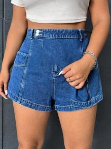 SHEIN EZwear Plus High Waist Asymmetrical Hem Denim Skort - Medium Wash - View 4