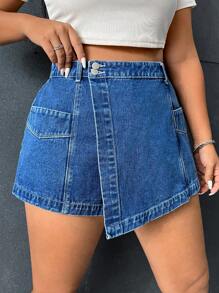 SHEIN EZwear Plus High Waist Asymmetrical Hem Denim Skort - Medium Wash - View 5