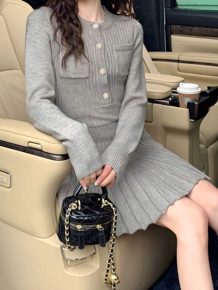 Alicedudu 素色前紐扣毛衣裙 - 淺灰色 - 查看 1