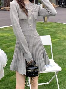 Alicedudu 素色前紐扣毛衣裙 - 淺灰色 - 查看 4