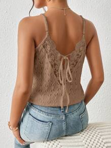 SHEIN Frenchy Contrast Guipure Lace Tie Back Cami Top - Khaki - View 1