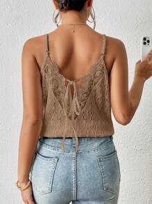 SHEIN Frenchy Contrast Guipure Lace Tie Back Cami Top - Khaki - View 4