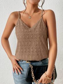 SHEIN Frenchy Contrast Guipure Lace Tie Back Cami Top - Khaki - View 6