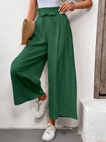 SHEIN Frenchy 紙袋腰腰帶闊腿褲 - 綠色 - 查看 5