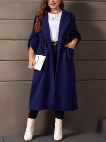 SHEIN LUNE Plus Roll Tab Sleeve Drawstring Waist Dual Pocket Lapel Neck Overcoat - Navy Blue - View 1