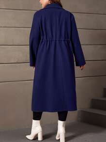 SHEIN LUNE Plus Roll Tab Sleeve Drawstring Waist Dual Pocket Lapel Neck Overcoat - Navy Blue - View 2