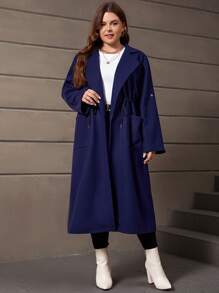 SHEIN LUNE Plus Roll Tab Sleeve Drawstring Waist Dual Pocket Lapel Neck Overcoat - Navy Blue - View 3