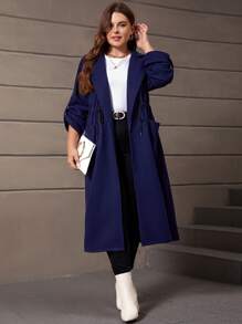 SHEIN LUNE Plus Roll Tab Sleeve Drawstring Waist Dual Pocket Lapel Neck Overcoat - Navy Blue - View 4