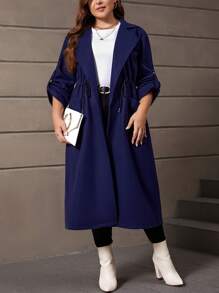 SHEIN LUNE Plus Roll Tab Sleeve Drawstring Waist Dual Pocket Lapel Neck Overcoat - Navy Blue - View 6