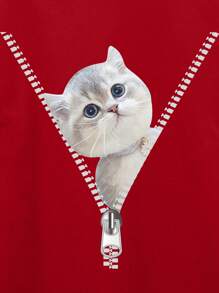 INAWLY 貓印花T恤 - 酒紅色 - 查看 4