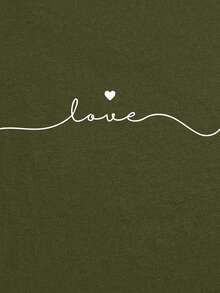 SHEIN LUNE Đồ họa trái tim và chữ cái Áo thun - xanh quân đội - Xem 3