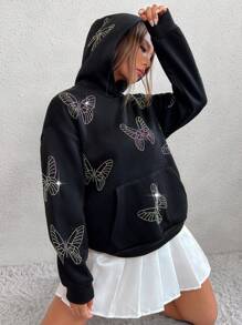 SHEIN Unity 水鑽蝴蝶樣式袋鼠口袋落肩袖連帽衫 - 黑色 - 查看 3