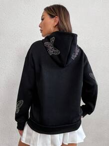 SHEIN Unity 水鑽蝴蝶樣式袋鼠口袋落肩袖連帽衫 - 黑色 - 查看 2