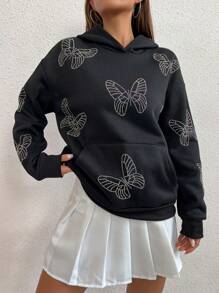 SHEIN Unity 水鑽蝴蝶樣式袋鼠口袋落肩袖連帽衫 - 黑色 - 查看 4