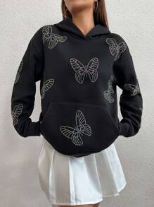 SHEIN Unity 水鑽蝴蝶樣式袋鼠口袋落肩袖連帽衫 - 黑色 - 查看 5
