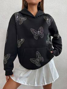 SHEIN Unity 水鑽蝴蝶樣式袋鼠口袋落肩袖連帽衫 - 黑色 - 查看 1