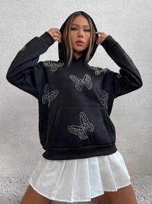SHEIN Unity 水鑽蝴蝶樣式袋鼠口袋落肩袖連帽衫 - 黑色 - 查看 6