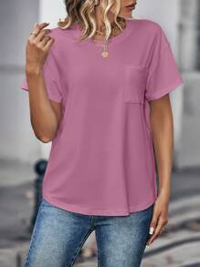 INAWLY Solid Pocket Patched Drop Shoulder Tee