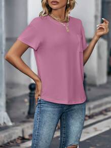 INAWLY Solid Pocket Patched Drop Shoulder Tee