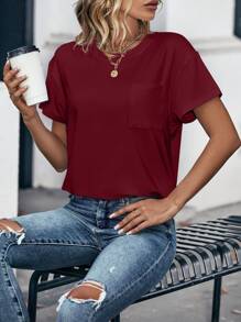 INAWLY Camiseta unicolor de hombros caídos con parche de bolsillo - Burdeos - Ver 3