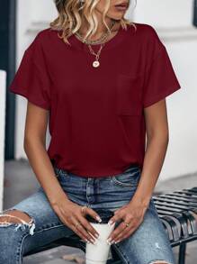 INAWLY Camiseta unicolor de hombros caídos con parche de bolsillo - Burdeos - Ver 6