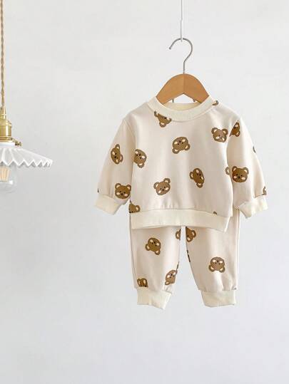 Baby Boys Clothes Set For Back To School Season, New Spring/Autumn Style, 2pcs    Round Neck Bear Cartoon Sweatshirt