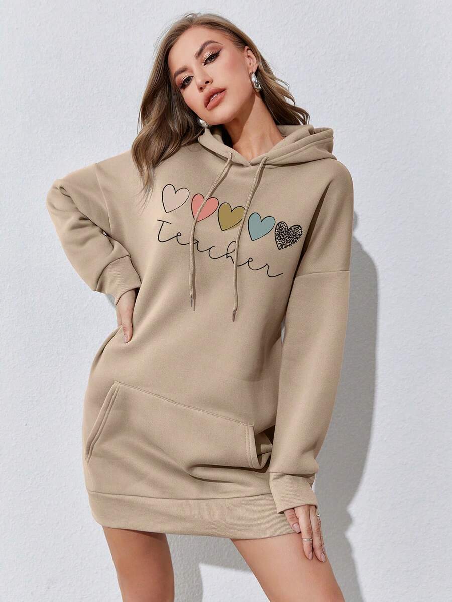SHEIN EZwear Heart Print Kangaroo Pocket Drop Shoulder Drawstring Hooded Sweatshirt Dress - Khaki - View 1
