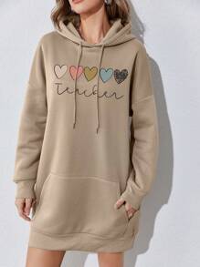 SHEIN EZwear Heart Print Kangaroo Pocket Drop Shoulder Drawstring Hooded Sweatshirt Dress - Khaki - View 3