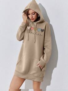 SHEIN EZwear Heart Print Kangaroo Pocket Drop Shoulder Drawstring Hooded Sweatshirt Dress - Khaki - View 4