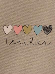 SHEIN EZwear Heart Print Kangaroo Pocket Drop Shoulder Drawstring Hooded Sweatshirt Dress - Khaki - View 6