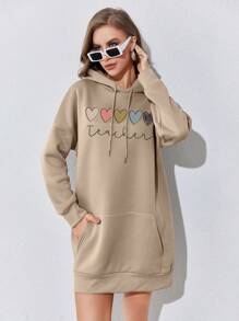 SHEIN EZwear Heart Print Kangaroo Pocket Drop Shoulder Drawstring Hooded Sweatshirt Dress - Khaki - View 7