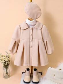 SHEIN Young Girl Autumn Winter Style Apricot-colored Cocoon Sleeve Lapel Woolen Coat With Peaked Cap - Apricot - View 1