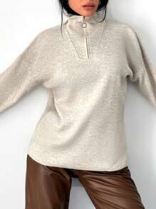 EURMUSE 素色四分之一拉鏈落肩袖套頭毛衣 - 淺灰色 - 查看 4
