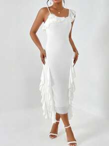 SHEIN Privé 不對稱領荷葉邊洋裝 - 白色 - 查看 1