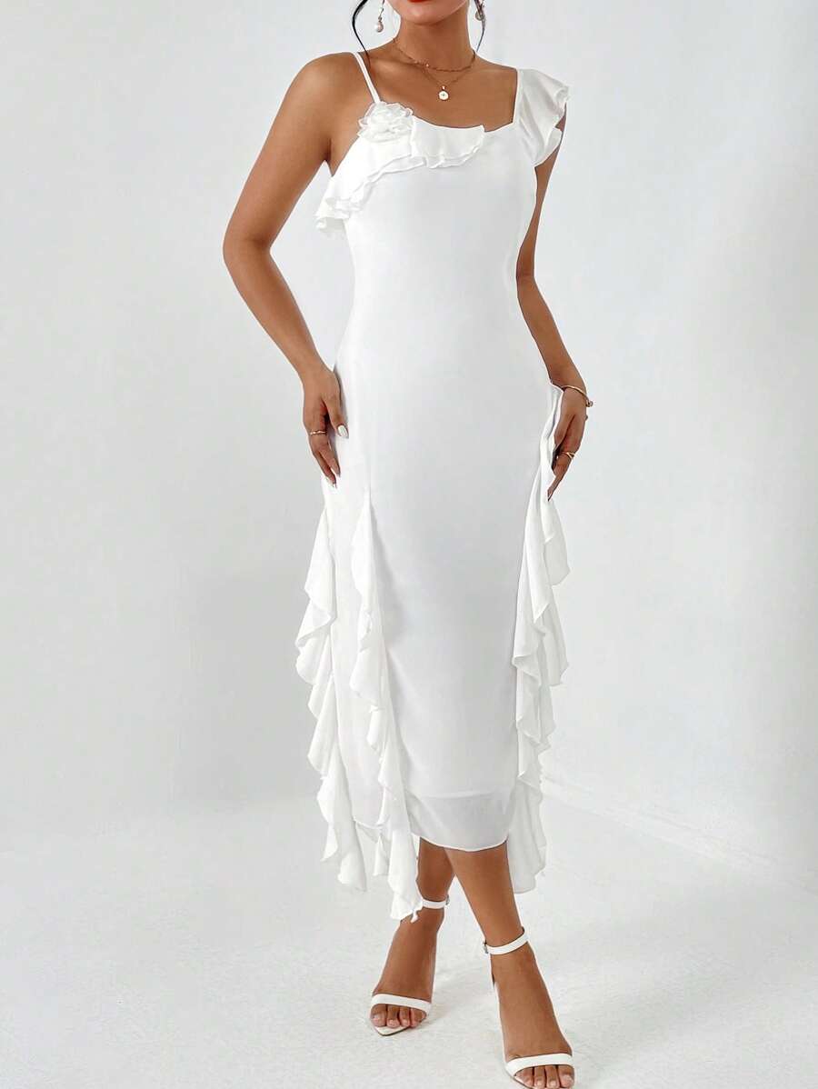 SHEIN Privé 不對稱領荷葉邊洋裝 - 白色 - 查看 1